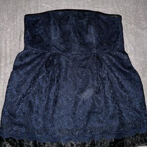 David’s bridal Navy Strapless plus sized lace cocktail dress